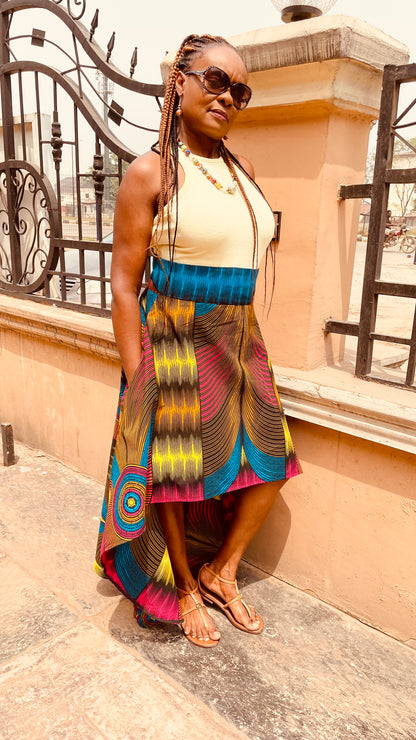 KAMSI AFRICAN FLARED HIGH-LOW PRINT SKIRT