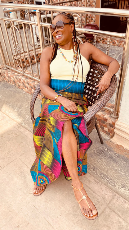 KAMSI AFRICAN FLARED HIGH-LOW PRINT SKIRT